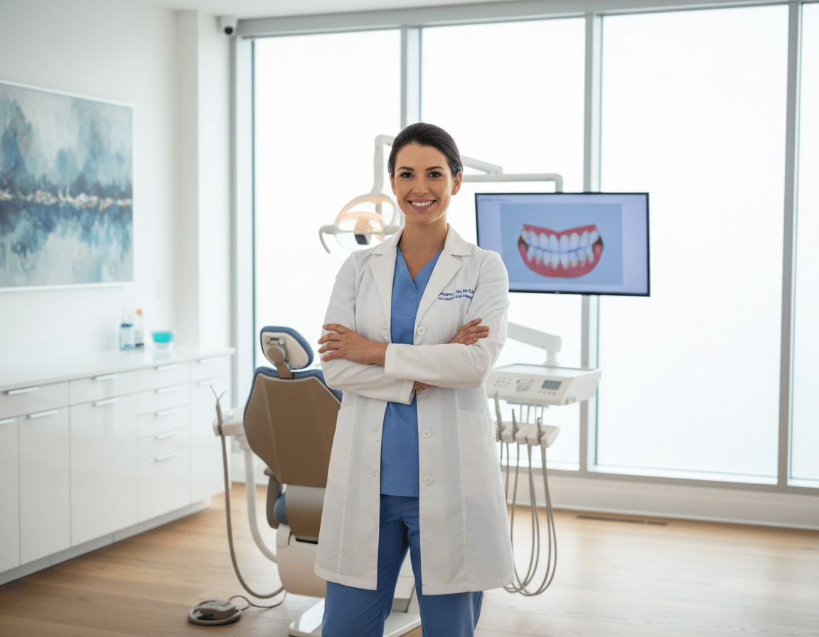 Female dentist standing in a modern dental clinic with a treatment chair and digital teeth display in the background.